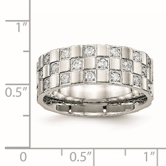 Stainless Steel Polished w/CZ Checkered 8mm Flat Band