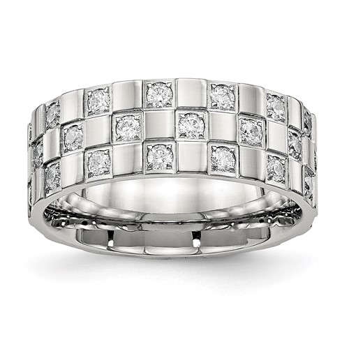 Stainless Steel Polished Band with CZ Checkered 8mm Flat