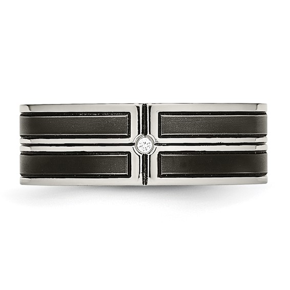 Stainless Steel Polished w/Brushed Center Black IP-plated CZ 8mm Band