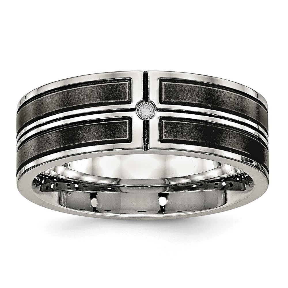 Stainless Steel Polished w/Brushed Center Black IP-plated CZ 8mm Band