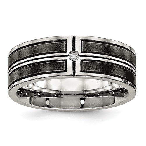 Stainless Steel Polished Band with Brushed Center Black IP-plated CZ 8mm