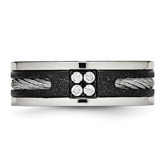 Stainless Steel Polished Black IP Laser Cut w/Cable Inlay & CZ 8mm Band