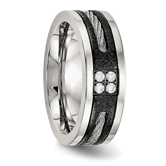 Stainless Steel Polished Black IP Laser Cut w/Cable Inlay & CZ 8mm Band