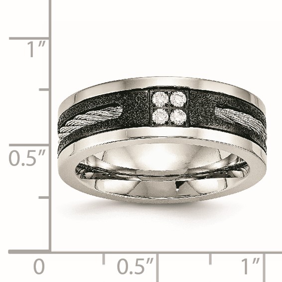 Stainless Steel Polished Black IP Laser Cut w/Cable Inlay & CZ 8mm Band