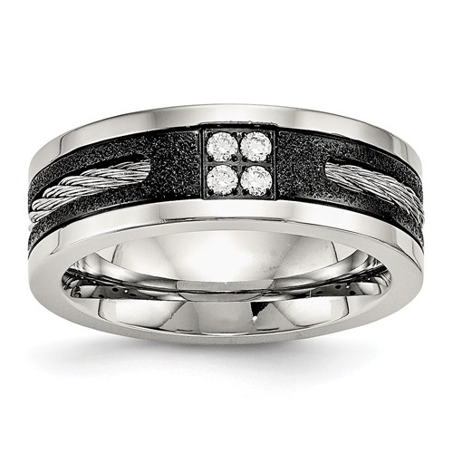 Stainless Steel Polished Black IP Laser Cut Band with Cable Inlay & CZ 8mm
