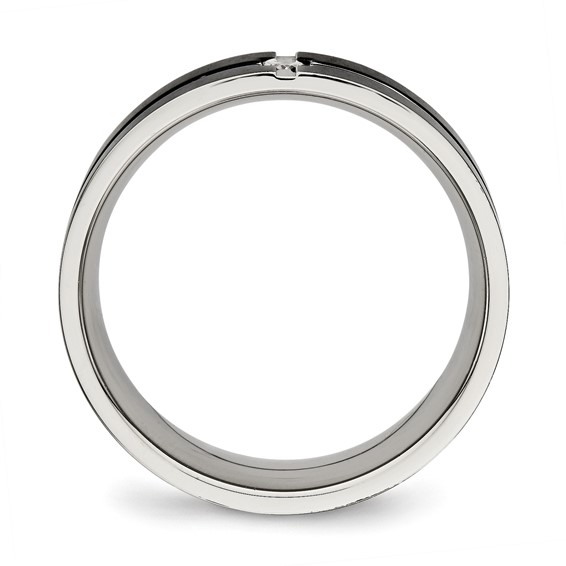 Stainless Steel Polished Black IP-plated CZ Grooved 8mm Comfort Fit Band