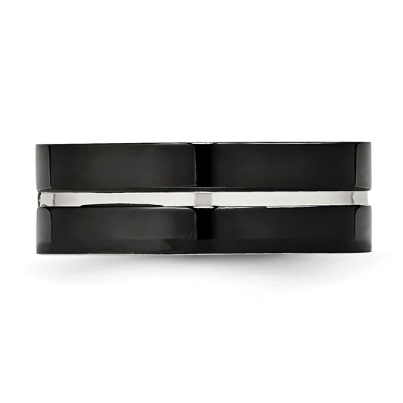 Stainless Steel Polished Black IP-plated CZ Grooved 8mm Comfort Fit Band
