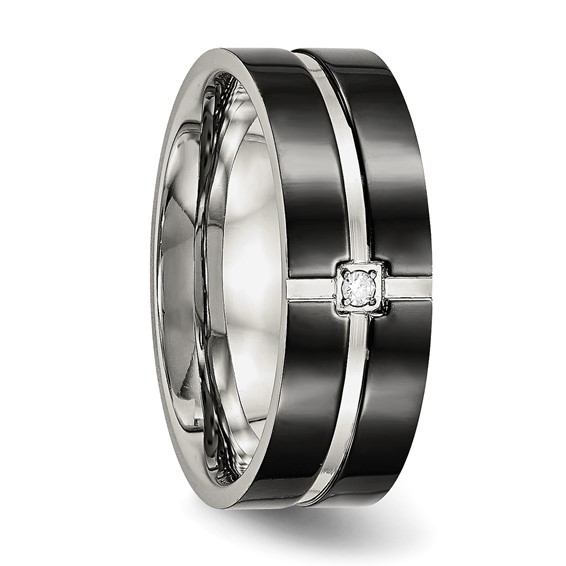 Stainless Steel Polished Black IP-plated CZ Grooved 8mm Comfort Fit Band