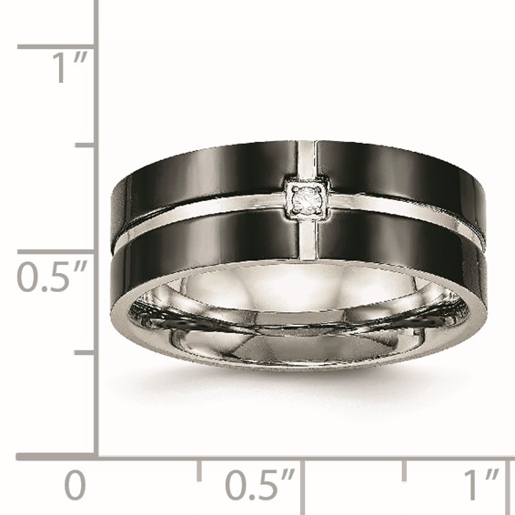 Stainless Steel Polished Black IP-plated CZ Grooved 8mm Comfort Fit Band