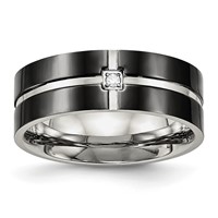 Stainless Steel Polished Black IP-plated CZ Grooved 8mm Comfort Fit Band view 1