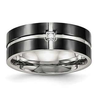 Stainless Steel Polished Black IP-plated CZ Grooved 8mm Comfort Fit Band