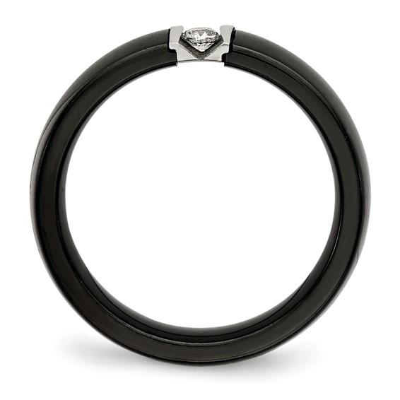 Chisel Stainless Steel Polished and Laser Cut Black Ceramic with CZ Ring