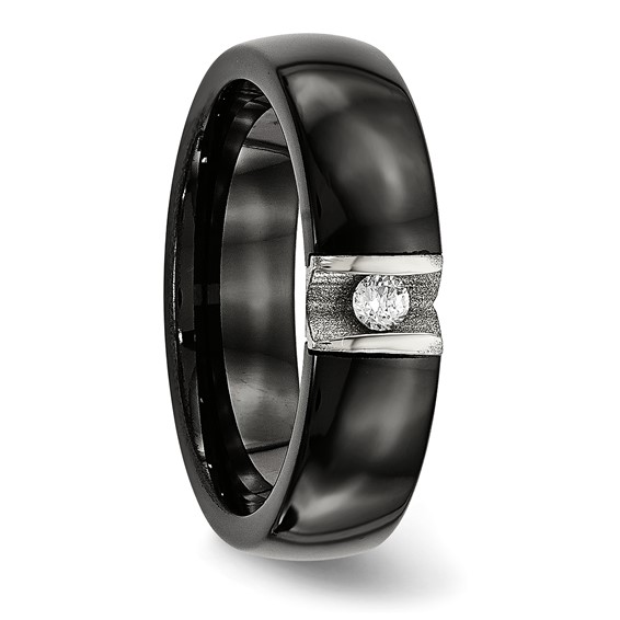 Chisel Stainless Steel Polished and Laser Cut Black Ceramic with CZ Ring
