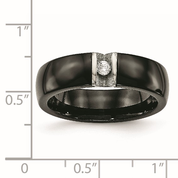 Chisel Stainless Steel Polished and Laser Cut Black Ceramic with CZ Ring