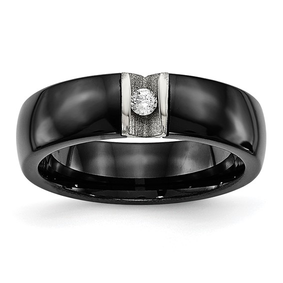 Chisel Stainless Steel Polished and Laser Cut Black Ceramic with CZ Ring
