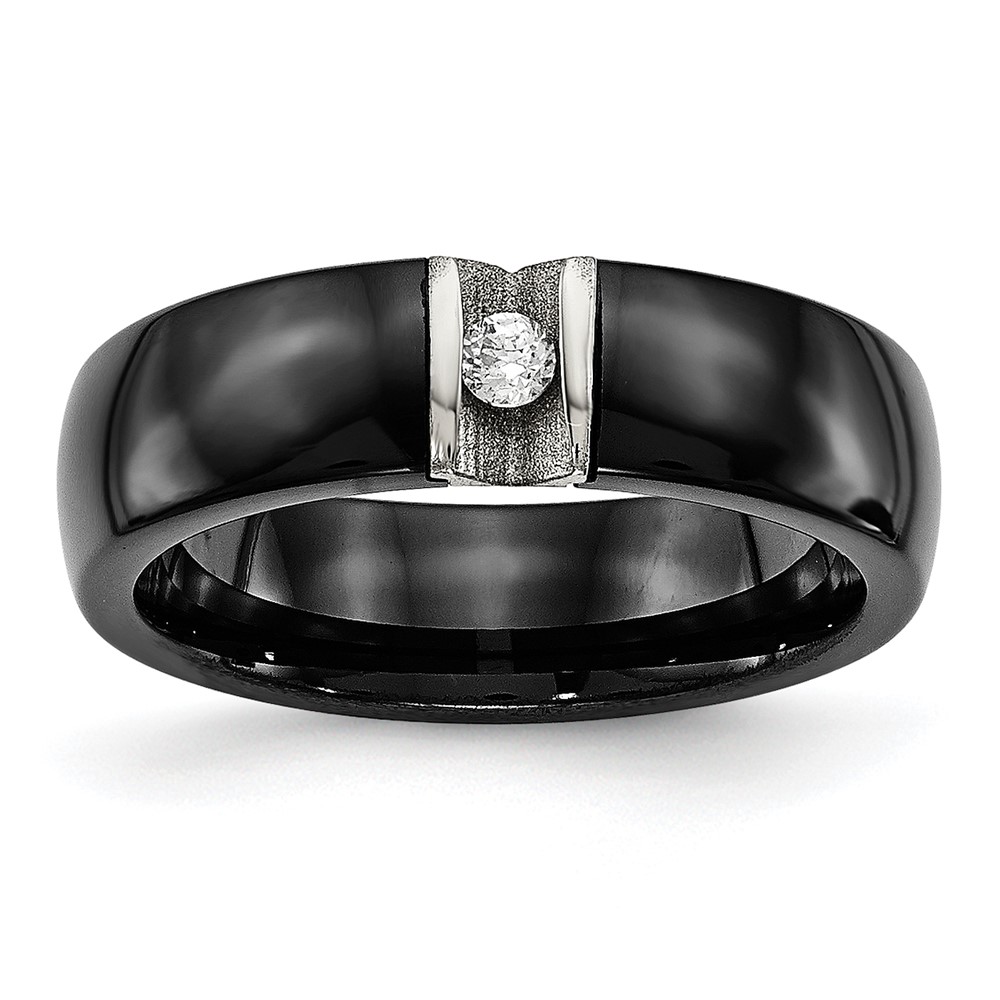 Stainless Steel Polished & Laser Cut Black Ceramic CZ Ring
