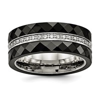 Stainless Steel Polished Faceted Black Ceramic CZ Ring view 1