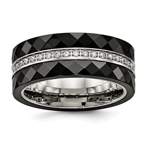 Stainless Steel Polished Faceted Black Ceramic CZ Ring
