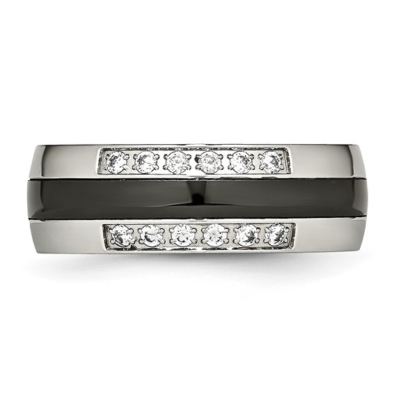 Chisel Stainless Steel Polished with Black Ceramic and CZ Ring
