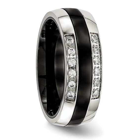 Chisel Stainless Steel Polished with Black Ceramic and CZ Ring