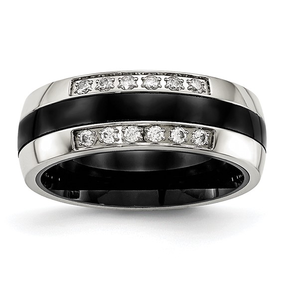 Chisel Stainless Steel Polished with Black Ceramic and CZ Ring