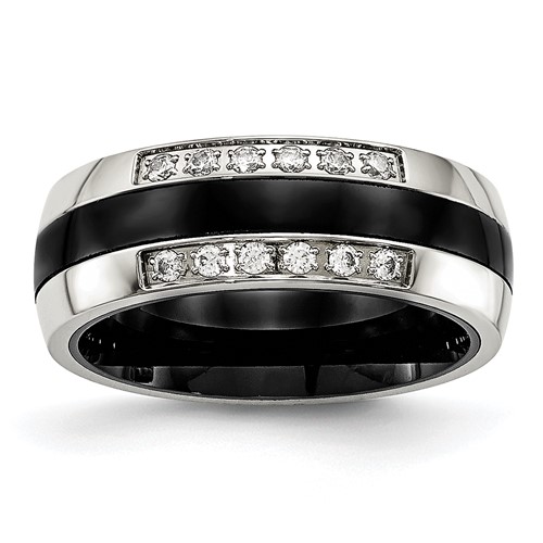 Chisel Stainless Steel Polished Ring with Black Ceramic and CZ