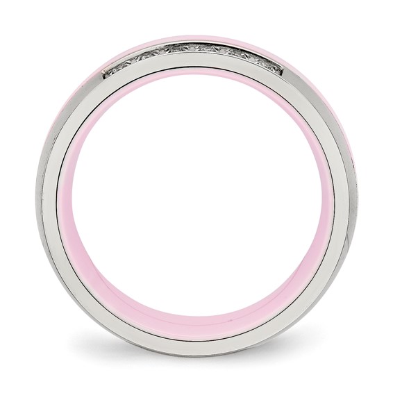 Stainless Steel Polished Pink Ceramic CZ Ring