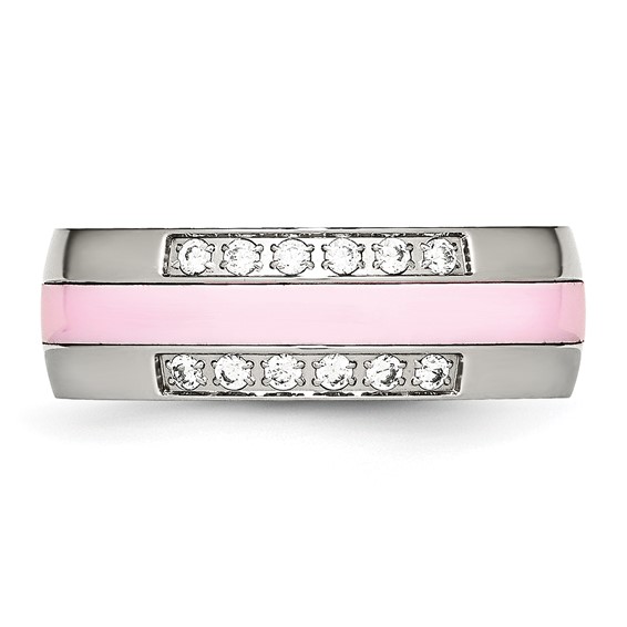 Stainless Steel Polished Pink Ceramic CZ Ring
