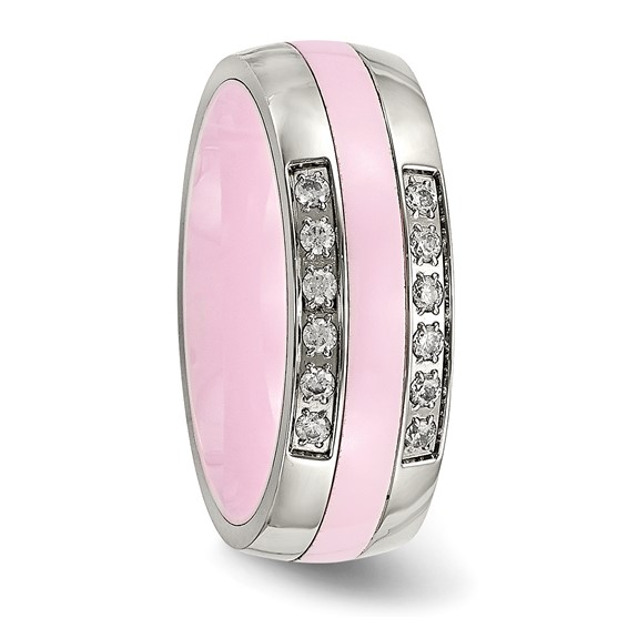 Stainless Steel Polished Pink Ceramic CZ Ring