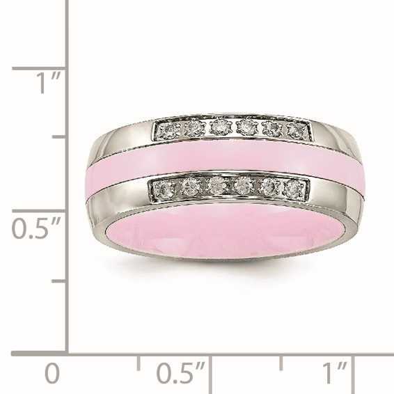Stainless Steel Polished Pink Ceramic CZ Ring