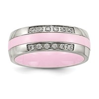 Stainless Steel Polished Pink Ceramic CZ Ring view 1