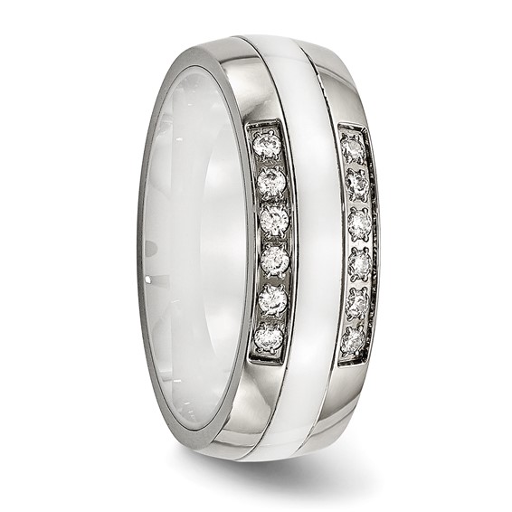 Stainless Steel Polished White Ceramic CZ Ring