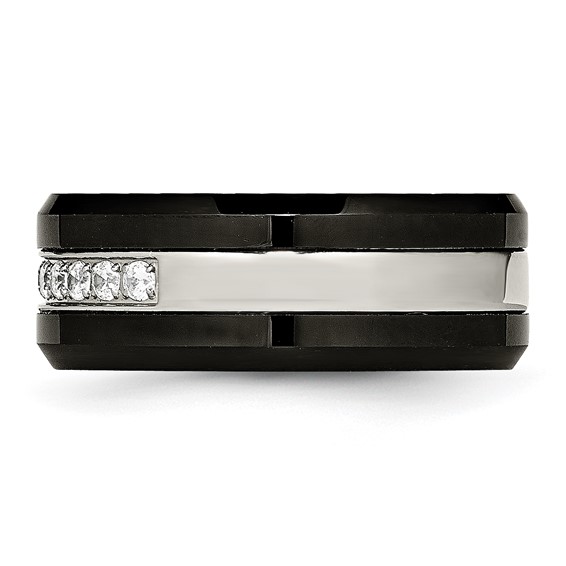 Chisel Stainless Steel Polished Black Ceramic with CZ Beveled Edge Ring