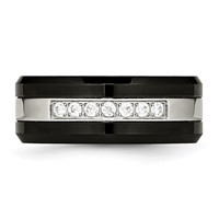 Chisel Stainless Steel Polished Black Ceramic Ring with CZ Beveled Edge view 4