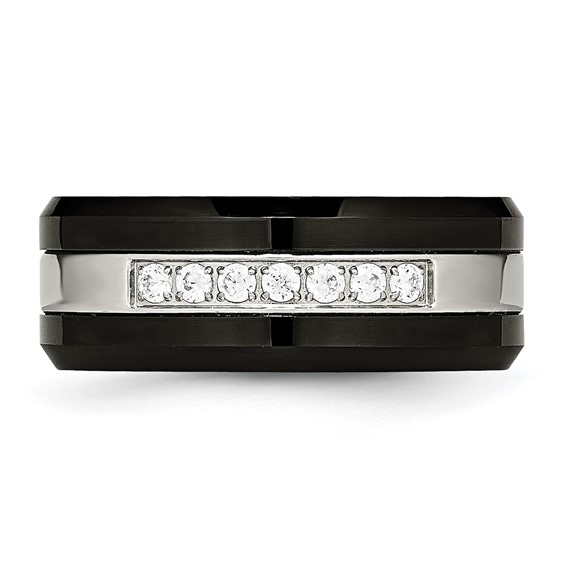 Chisel Stainless Steel Polished Black Ceramic with CZ Beveled Edge Ring
