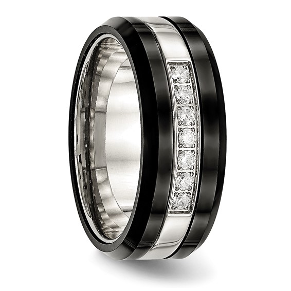 Chisel Stainless Steel Polished Black Ceramic with CZ Beveled Edge Ring