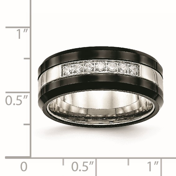 Chisel Stainless Steel Polished Black Ceramic with CZ Beveled Edge Ring