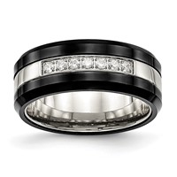 Chisel Stainless Steel Polished Black Ceramic Ring with CZ Beveled Edge view 1