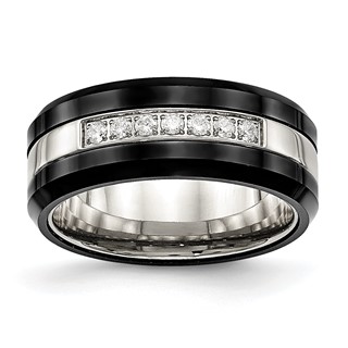 Chisel Stainless Steel Polished Black Ceramic with CZ Beveled Edge Ring