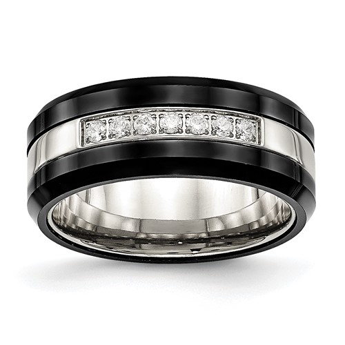 Chisel Stainless Steel Polished Black Ceramic with CZ Beveled Edge Ring