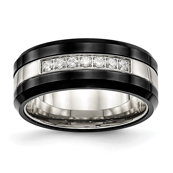 Chisel Stainless Steel Polished Black Ceramic with CZ Beveled Edge Ring