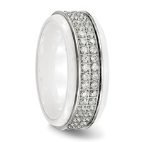 Chisel Stainless Steel Polished White Ceramic CZ Ridged Edge Ring view 4
