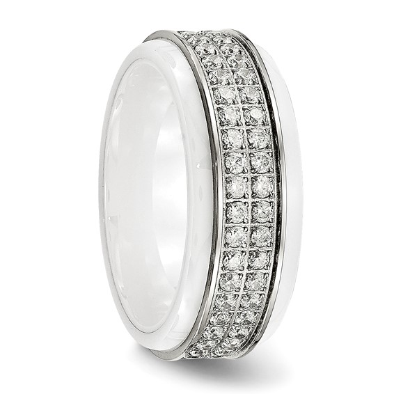 Chisel Stainless Steel Polished White Ceramic CZ Ridged Edge Ring