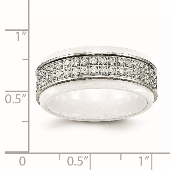 Chisel Stainless Steel Polished White Ceramic CZ Ridged Edge Ring