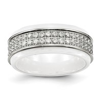 Chisel Stainless Steel Polished White Ceramic CZ Ridged Edge Ring view 1