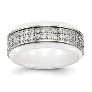 Chisel Stainless Steel Polished White Ceramic CZ Ridged Edge Ring