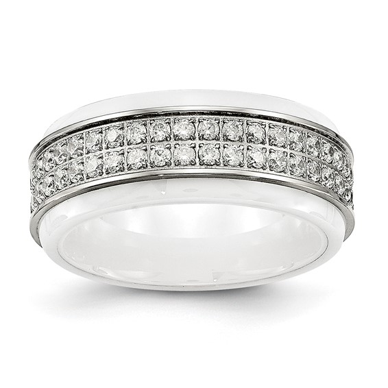 Chisel Stainless Steel Polished White Ceramic CZ Ridged Edge Ring