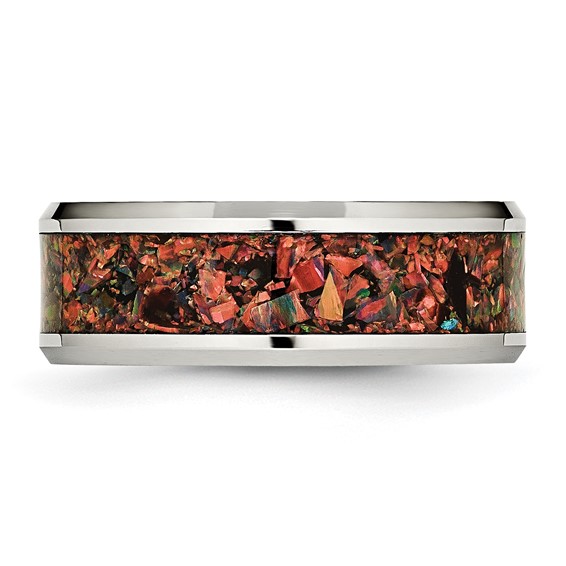 Chisel Stainless Steel Polished with Red Imitation Opal Inlay 8mm Band