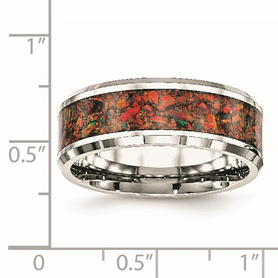 Chisel Stainless Steel Polished with Red Imitation Opal Inlay 8mm Band