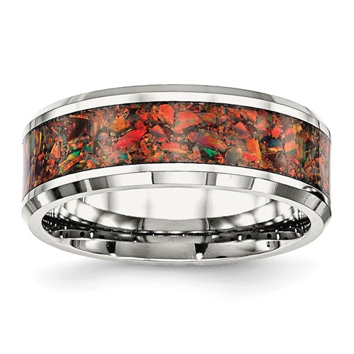 Chisel Stainless Steel Polished Band with Red Imitation Opal Inlay 8mm